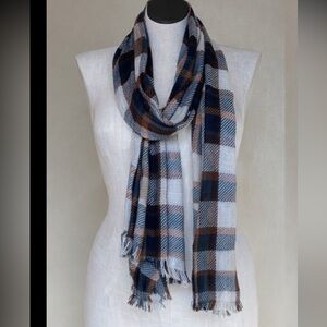 NWT Dressbarn Plaid Scarf with Fringe in Blue, Ivory, Rust and Burgundy